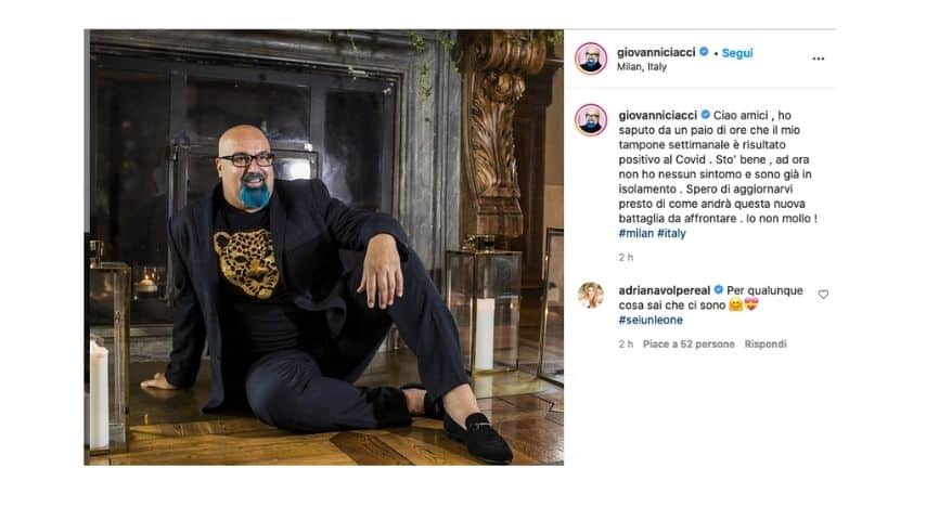 Giovanni Ciacci annuncia su Instagram di essere positivo al covid