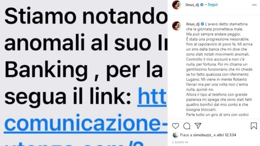 Il post di Linus su Instagram per denunciare la truffa subita