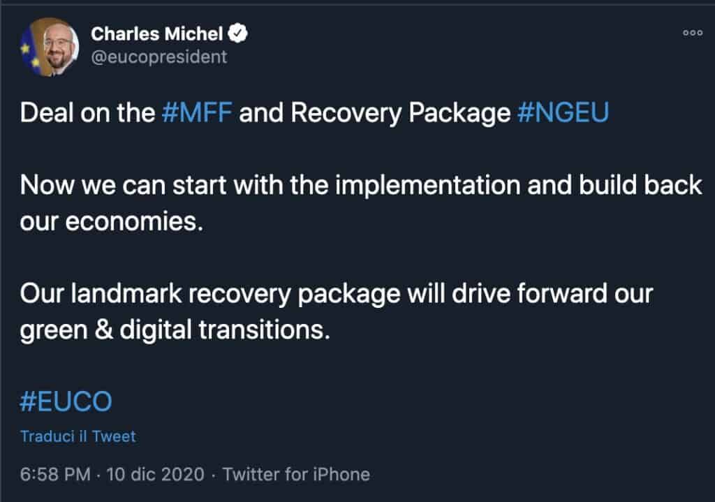 Il tweet del presidente del Consiglio europeo Charles Michel