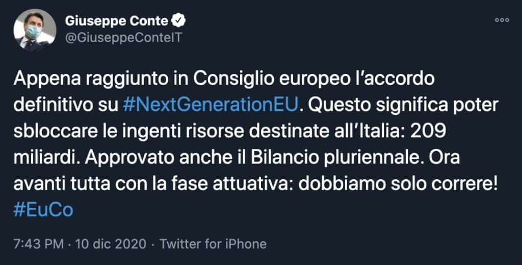 Il tweet del presidente del Consiglio Giuseppe Conte