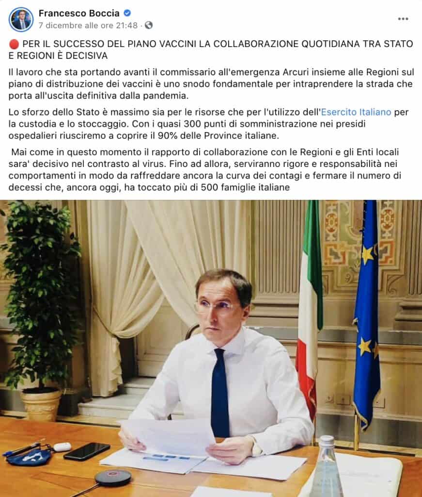 Post Facebook del ministro Francesco Boccia