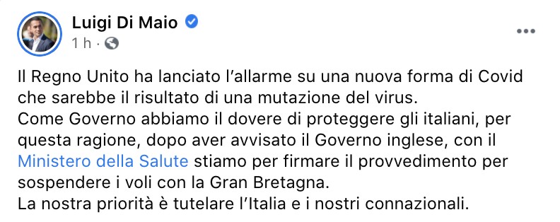 Il post Facebook di Luigi Di Maio