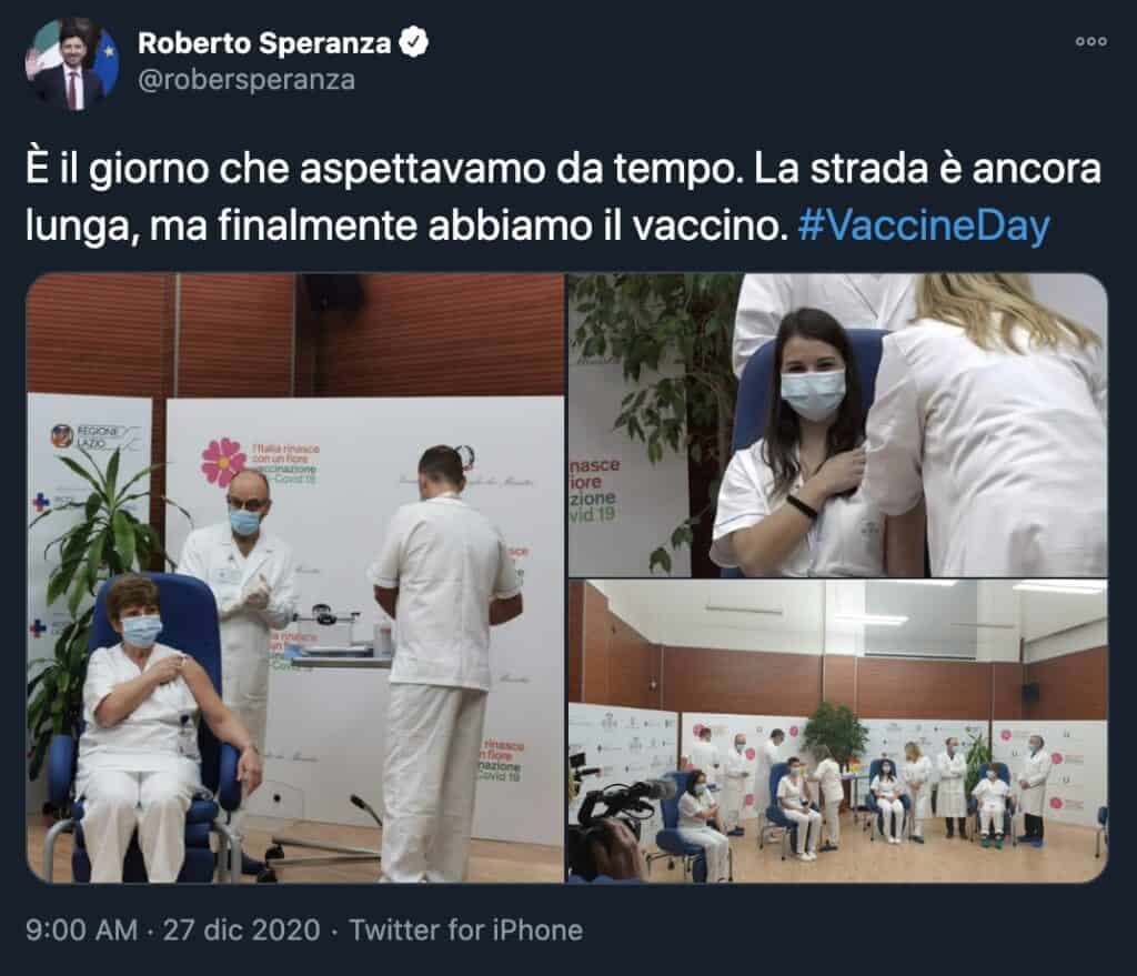 Il tweet del ministro della Salute Roberto Speranza