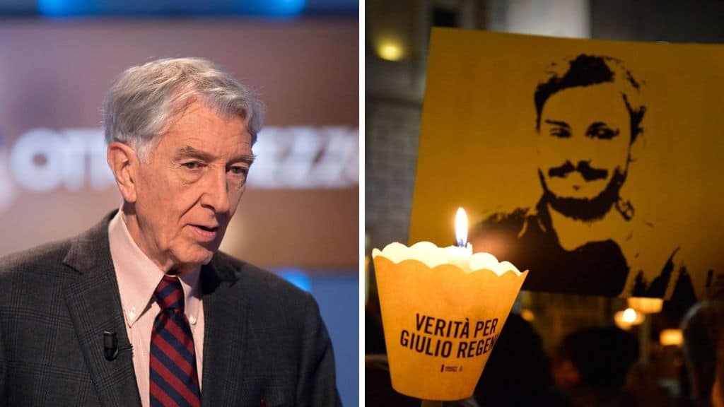 Corrado Augias e un poster di Giulio Regeni