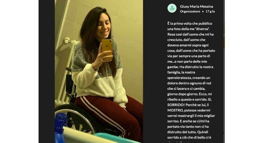 Giusy Messina, resa paraplegica dal patrigno, in una foto sulla piattaforma di crowfunding