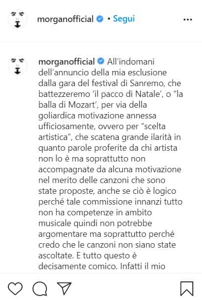 Il post instagram di Morgan