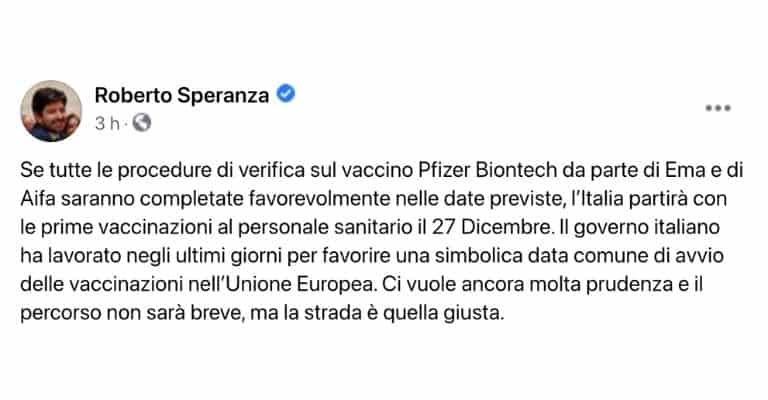 Il post del Ministro Speranza sui vaccini