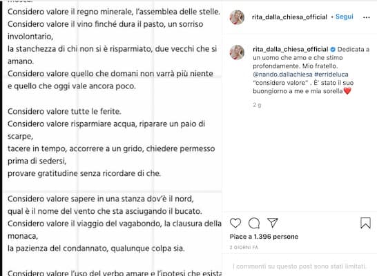 Il post di Rita Dalla Chiesa