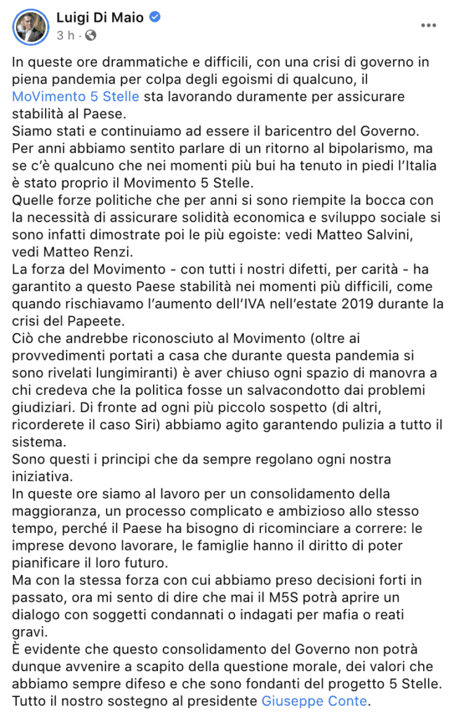 Il post del ministro Luigi Di Maio