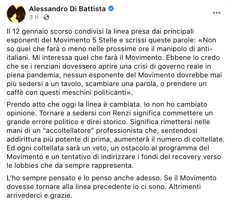 Il post su Facebook di Alessandro Di Battista