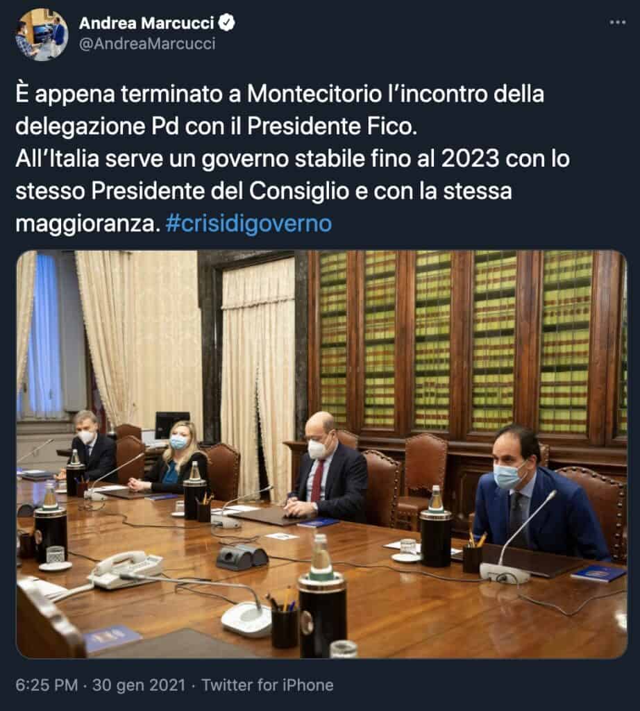 Il tweet di Andrea Marcucci, capogruppo del PD in Senato