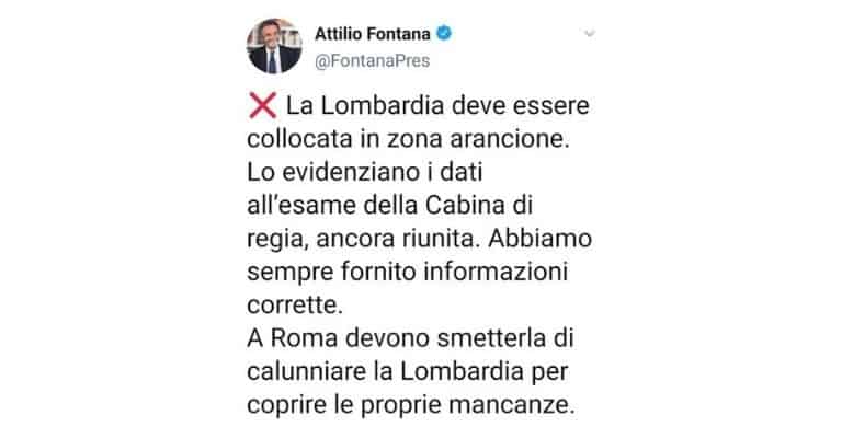 Attilio Fontana sulla Lombardia in zona arancione