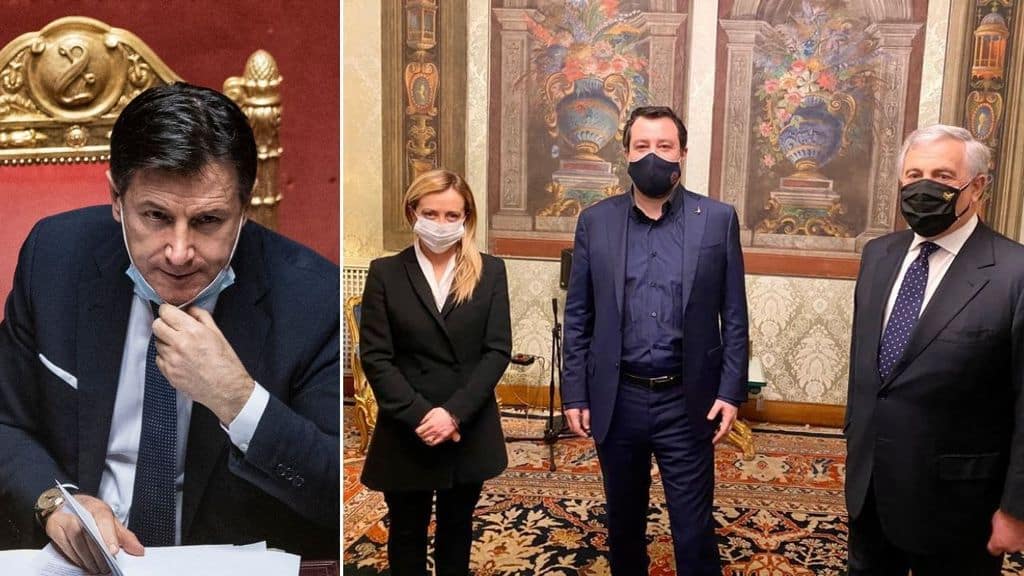 a sinistra il premier conte e a destra le opposizioni con salvini, meloni, tajani