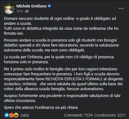 Michele Emiliano, il post su Facebook