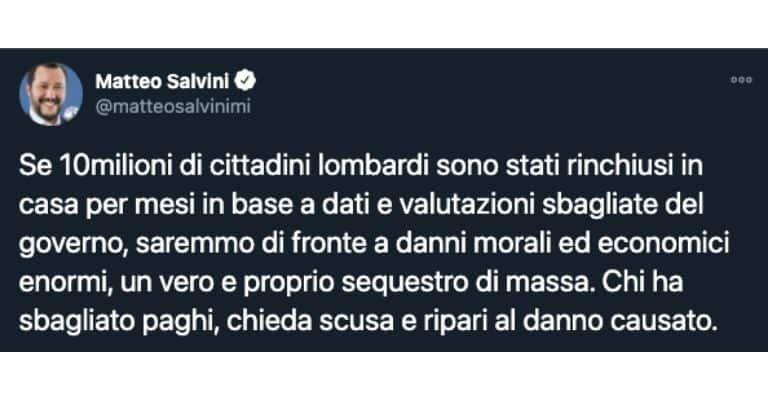 Il tweet di Matteo Salvini sul caso Lombardia zona rossa