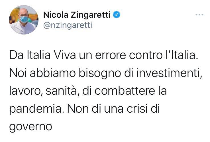 Il post di Nicola Zingaretti su Renzi