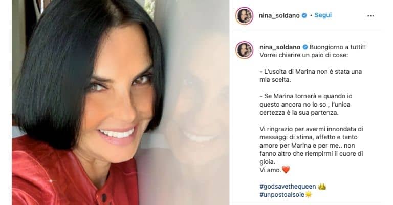 Nina Soldano sull'addio a Marina Giordano