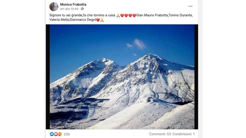 Tweet del soccorso alpino sugli scomparsi sul Velino