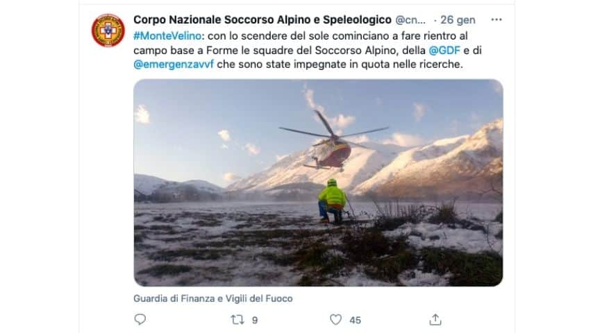 Tweet del soccorso alpino sugli scomparsi sul Velino