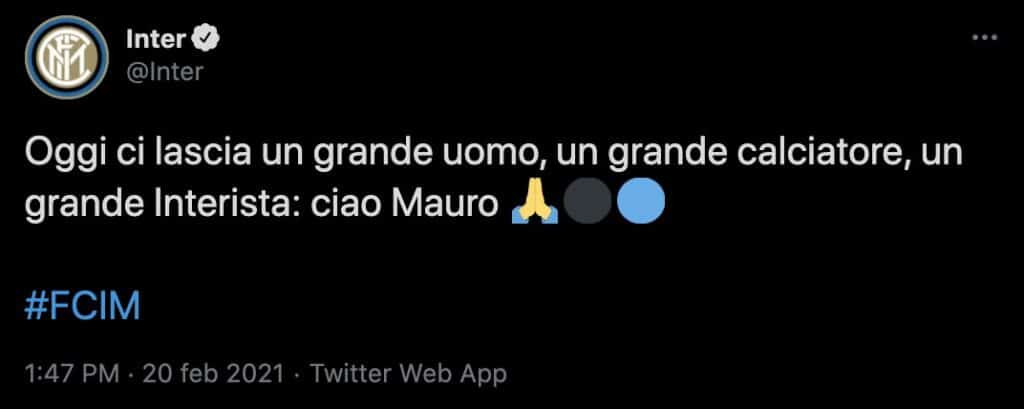 Il post su twitter dell Inter