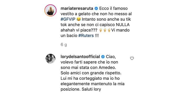 Messaggio di Lory Del Santo sull'Instagram di Maria Teresa Ruta