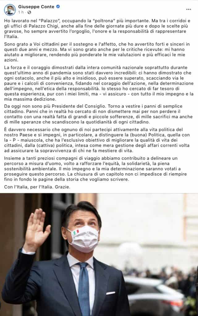 Il post Facebook di Giuseppe Conte