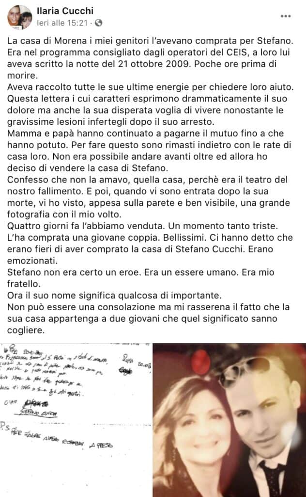 Il post su Facebook di Ilaria Cucchi