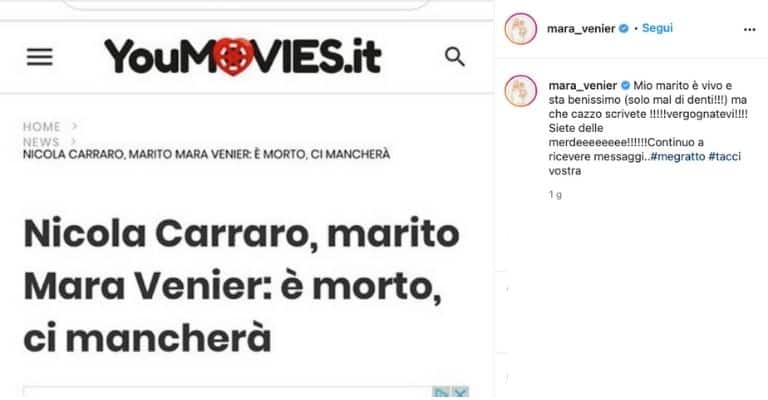 Youmovies condivide la fake news sulla morte del marito di Mara Venier