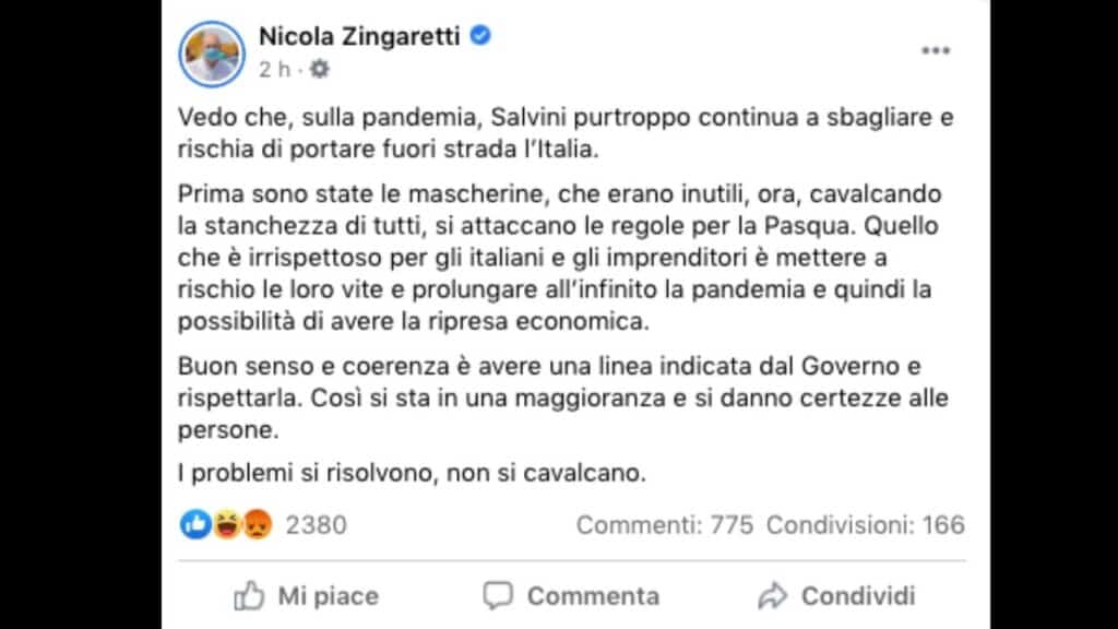 nicola zingaretti contro matteo salvini su facebook