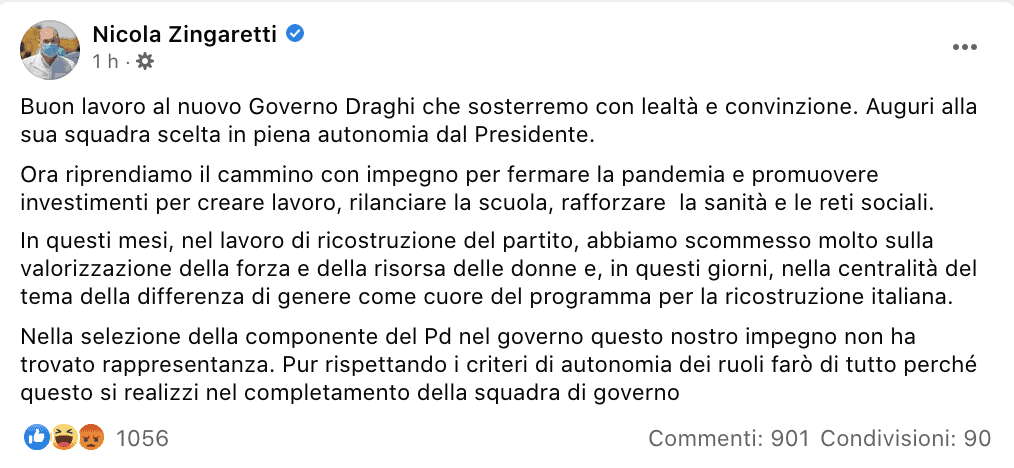 Il post Facebook di Nicola Zingaretti