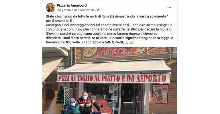 post della pizzeria Amarcord su Facebook