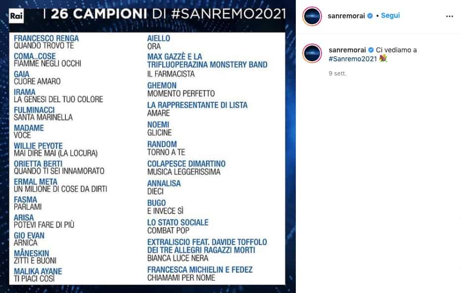 La lista dei 26 big di Sanremo