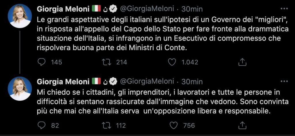 Il tweet di Giorgia Meloni