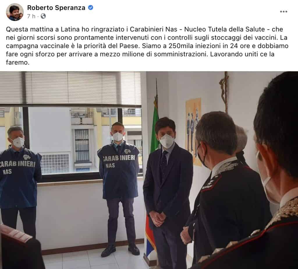 Il post del ministro Speranza