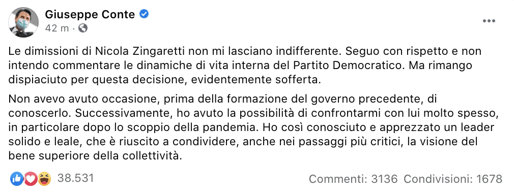 Il post di Giuseppe Conte