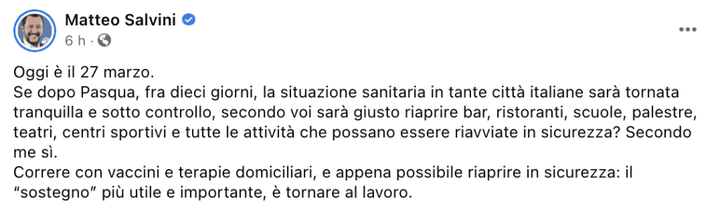 Il post di Matteo Salvini