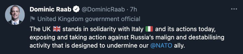 Il tweet di Dominic Raab