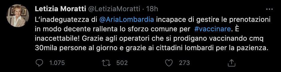 Il tweet di Letizia Moratti