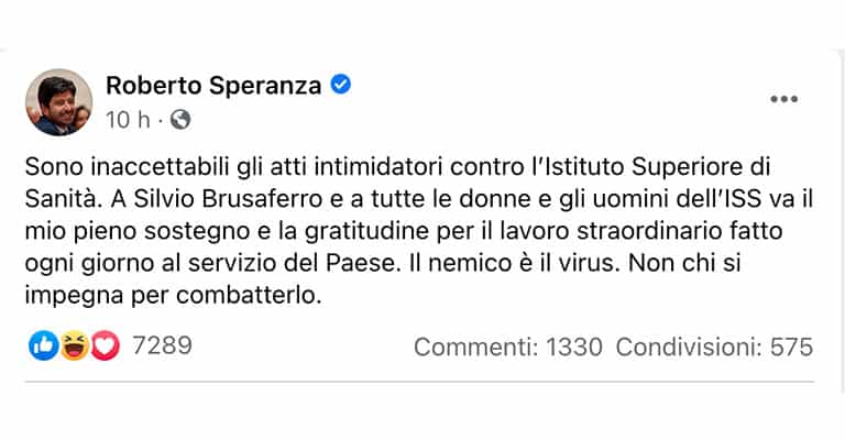 Post di Roberto Speranza su Facebook