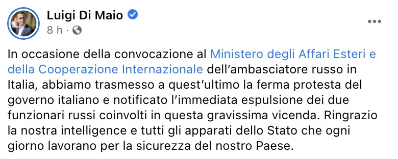 Il post del ministro Luigi Di Maio