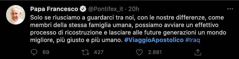 Il tweet del Papa sul viaggio in Iraq