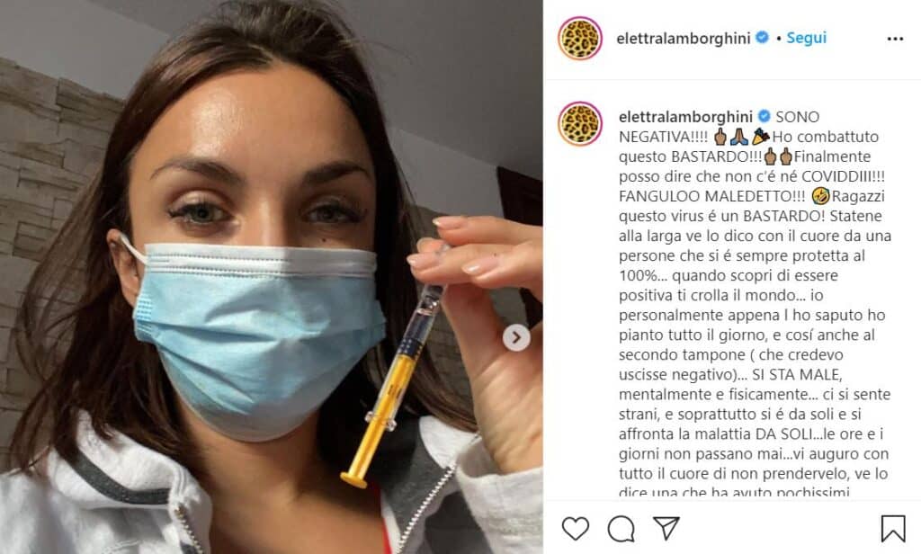 Elettra Lamborghini, post Instagram, negativa al covid