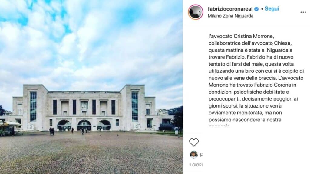 fabrizio corona sciopero psichiatria instagram autolesionismo