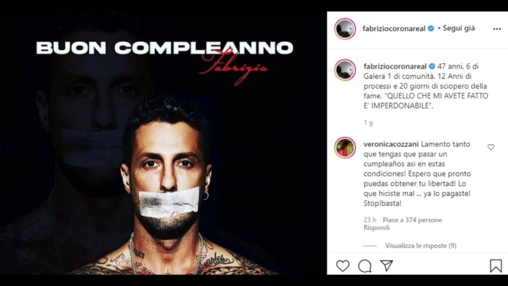 Fabrizio Corona, nel giorno del compleanno il messaggio della madre di Belén Rodriguez: Veronica Cozzani scrive a Corona 