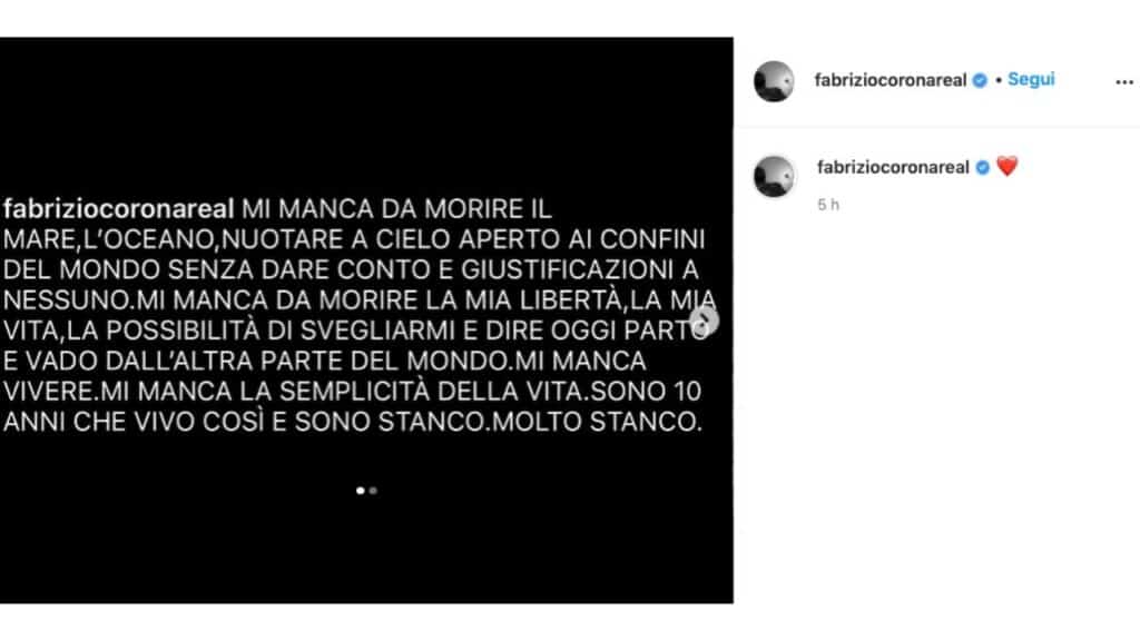 Fabrizio Corona rompe il silenzio, le parole di Fabrizio Corona su Instagram: "Mi manca vivere"