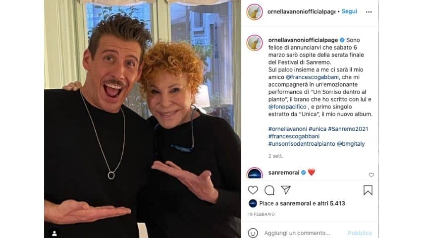 Ornella Vanoni e Francesco Gabbani su Instagram annunciano la partecipazione a Sanremo come ospiti