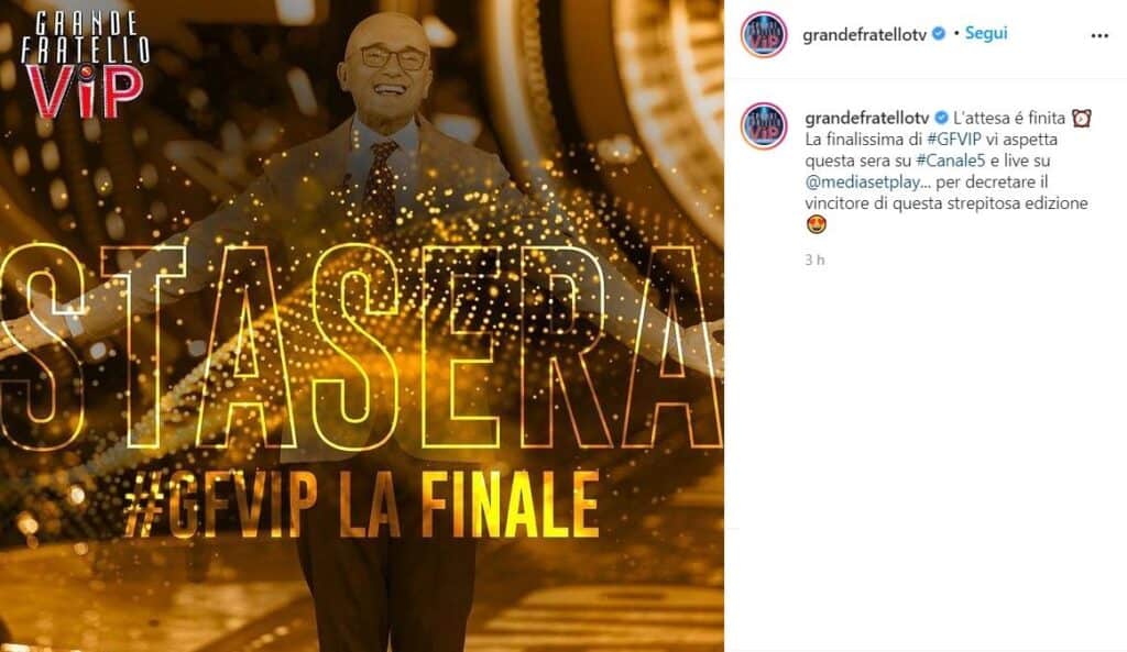 Post instagram sulla finale del gf