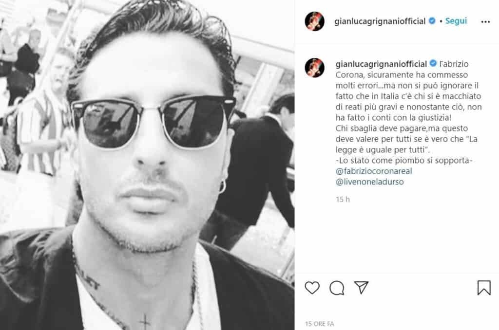 Post di Gianluca Grignani a sostegno di Fabrizio Corona