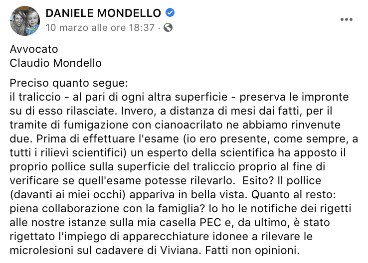 Il post sul profilo di Daniele Mondello