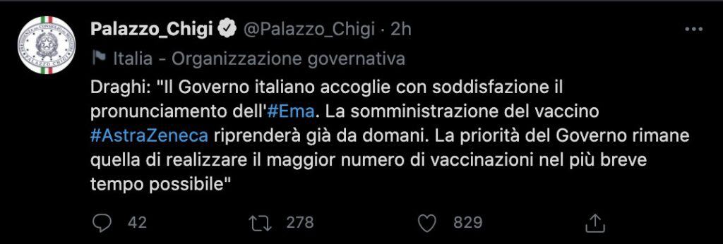 Tweet di Palazzo Chigi